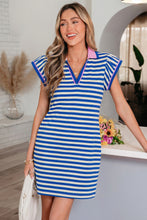 Load image into Gallery viewer, Green Stripe Print Contrast Collar Split Neck Flutter Sleeve Short Dress