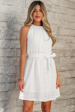 Load image into Gallery viewer, White Lace Sleeveless Knot Hollow Out Back Tied Waist Mini Dress