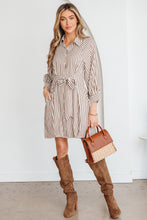 Load image into Gallery viewer, Brown Stripe Knot Waist Puff Sleeve Button Down Mini Shirt Dress