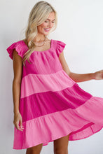Load image into Gallery viewer, Pink Crinkled Colorblock Patchwork Flutter Tiered Mini Dress