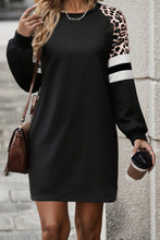 Load image into Gallery viewer, Black Leopard Print Patchwork Varsity Raglan Sleeve Sweatshirt Dress