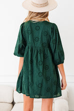 Load image into Gallery viewer, Blackish Green Embroidered Eyelet Pattern 3/4 Puffy Sleeve Swing Mini Dress