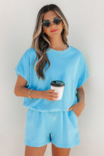 Load image into Gallery viewer, Light Blue Solid Color Puffy Loose Top Drawstring Shorts 2pcs Outfit