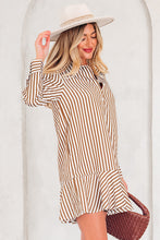 Load image into Gallery viewer, Brown Stripe Ruffled Hem Collared Long Sleeve Shirt Mini Dress