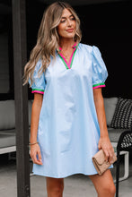 Load image into Gallery viewer, Myosotis Contrast Striped Notched V Neck Puff Sleeve Mini Dress
