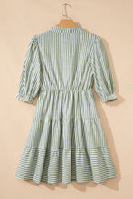 Load image into Gallery viewer, Green Stripe Tasseled Tie Neck Ruffled Short Sleeve Tiered Flattering Dress