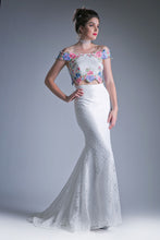 Load image into Gallery viewer, Two piece off the shoulder fitted dress with embroidered floral appliques and lace detailed skirt.