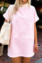 Load image into Gallery viewer, Pink Stripe Cuffed Short Sleeve Contrast Mock Neck Tee Dress
