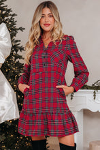 Load image into Gallery viewer, Red Plaid Shirt Collar Half Button Ruffle Hem Long Sleeve Mini Dress