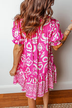 Load image into Gallery viewer, Rose Boho Mixed Print Contrast Trim V Neck Short Sleeve Flared Dress