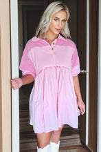 Load image into Gallery viewer, Pink Raw Seam Color Block Patchwork Button Polo Collar Mini Dress