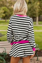 Load image into Gallery viewer, Black Stripe Contrast Ribbed Banding Long Sleeve Blouse Loose Shorts Set