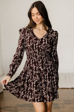 Load image into Gallery viewer, Brown Ditsy Floral Print Split Neck Long Sleeve Shirred Waist Flared Mini Dress