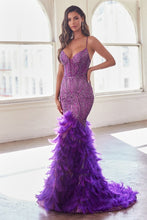 Load image into Gallery viewer, Feather Mermaid Gown with Beaded Corset Bodice