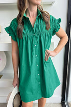 Load image into Gallery viewer, Bright Green Shirred Ruffle Sleeve Button Up Short Dress