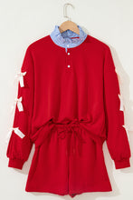 Load image into Gallery viewer, Racing Red Striped Collar Patchwork Satin Bow Sweatshirt and Shorts Set