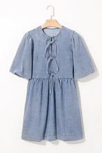 Load image into Gallery viewer, Dusk Blue Bowknot Bubble Sleeve Short Denim Dress