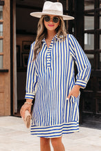 Load image into Gallery viewer, Blue Stripe Collared Half Button Side Pockets Loose Fit Mini Dress