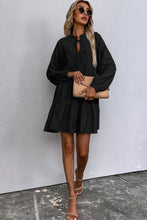 Load image into Gallery viewer, Black Tie Split Neck Smocked Detail Long Puff Sleeve Ruffle Hem Loose Dress