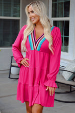 Load image into Gallery viewer, Rose Red Colorful Crochet V Neck Textured Tiered Ruffled Long Sleeve Mini Dress