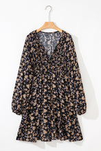 Load image into Gallery viewer, Black Floral Deep V Neck Smocked Bust Bubble Sleeve Babydoll Dress