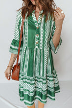 Load image into Gallery viewer, Green Boho Ethnic Print Half Button 3/4 Sleeve Casual Dress