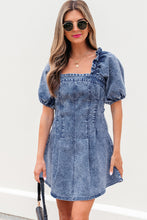 Load image into Gallery viewer, Blue Frilly Square Neck Bustier Puff Sleeve Short Denim Dress
