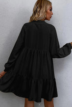 Load image into Gallery viewer, Black Tie Split Neck Smocked Detail Long Puff Sleeve Ruffle Hem Loose Dress