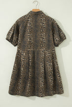Load image into Gallery viewer, Gray Leopard Print Short Sleeve Pleated Denim Mini Dress