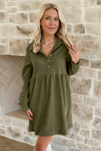 Load image into Gallery viewer, Black Corduroy Half Button Collared Long Sleeve Mini Dress