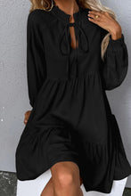 Load image into Gallery viewer, Black Tie Split Neck Smocked Detail Long Puff Sleeve Ruffle Hem Loose Dress