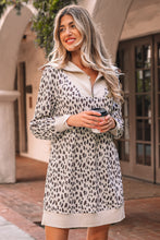 Load image into Gallery viewer, Khaki Leopard Print Zip up Collar Patchwork Shift Mini Dress