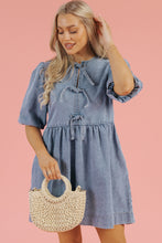 Load image into Gallery viewer, Dusk Blue Bowknot Bubble Sleeve Short Denim Dress