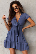 Load image into Gallery viewer, Blue Deep V Neck Self-tie Knotted Front Layered Flare Mini Dress
