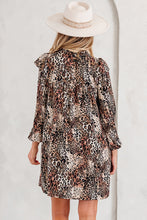 Load image into Gallery viewer, Brown Leopard Ruffled Detail Long Sleeve Loose Mini Dress