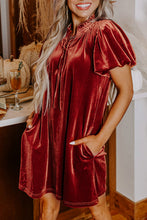 Load image into Gallery viewer, Cinnamon Velvet Smocked Neckline Puff Sleeve Shift Mini Dress