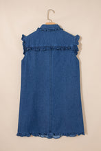 Load image into Gallery viewer, Sail Blue Ruffled Edge Collared Shift Denim Dress with Pockets
