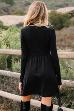 Load image into Gallery viewer, Black Frilled Neck Ribbed Knit Patchwork Long Sleeve Mini Dress