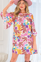 Load image into Gallery viewer, Pink Floral Print Lace Trimmed Tie Back Bell Sleeve Swing Mini Dress
