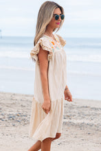 Load image into Gallery viewer, Jet Stream Linen Embroidery Split Neck Pom Pom Ruffle Sleeves Flowy Short Dress