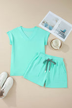 Load image into Gallery viewer, Sachet Pink V Neck Short Sleeve Top Drawstring Shorts 2pcs Set
