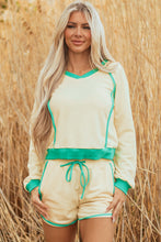 Load image into Gallery viewer, White Contrast Trim Colorblock Long Sleeve Pullover and Drawstring Shorts 2pcs Outfit