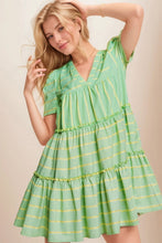 Load image into Gallery viewer, Green Stripe V Neck Short Sleeve Frilled Detail A-line Dress