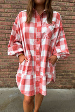 Load image into Gallery viewer, Pink Oversized Plaid Puff Sleeve Round Hem Shirt Dress