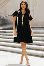Load image into Gallery viewer, Black Sequin Trim Bubble Sleeve Game Day Shirt Dress