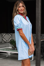 Load image into Gallery viewer, Myosotis Contrast Striped Notched V Neck Puff Sleeve Mini Dress