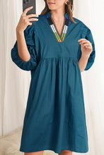 Load image into Gallery viewer, Blue Sapphire Colorblock Split V Neck Puff Sleeve Mini Dress