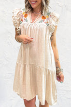 Load image into Gallery viewer, Jet Stream Linen Embroidery Split Neck Pom Pom Ruffle Sleeves Flowy Short Dress