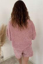 Load image into Gallery viewer, Dark Brown Solid Color Textured Knit Drop Shoulder Pullover Drawstring Shorts Set