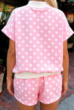 Load image into Gallery viewer, Pink Polka Dot Print Color Block Trim Mock Neck Short Set